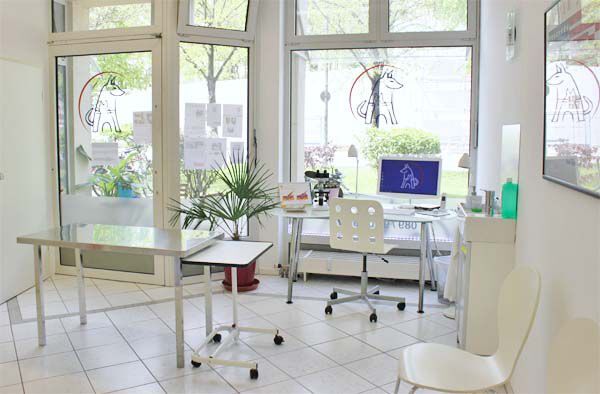 Heller, moderner Behandlungsraum einer Tierarztpraxis mit Schreibtisch und Untersuchungstisch.