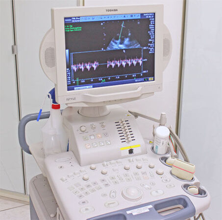 Ultraschallgerät mit Monitor zeigt medizinische Herzuntersuchung und Ultraschallbild.